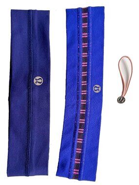 Lululemon 3pc Accessory Lot: 2 Headbands & Emergency Hair Tie / Zipper Pull Lululemon Logo Charm Hair Ties *3 Pack - Black / Gold - lulu  main image 2